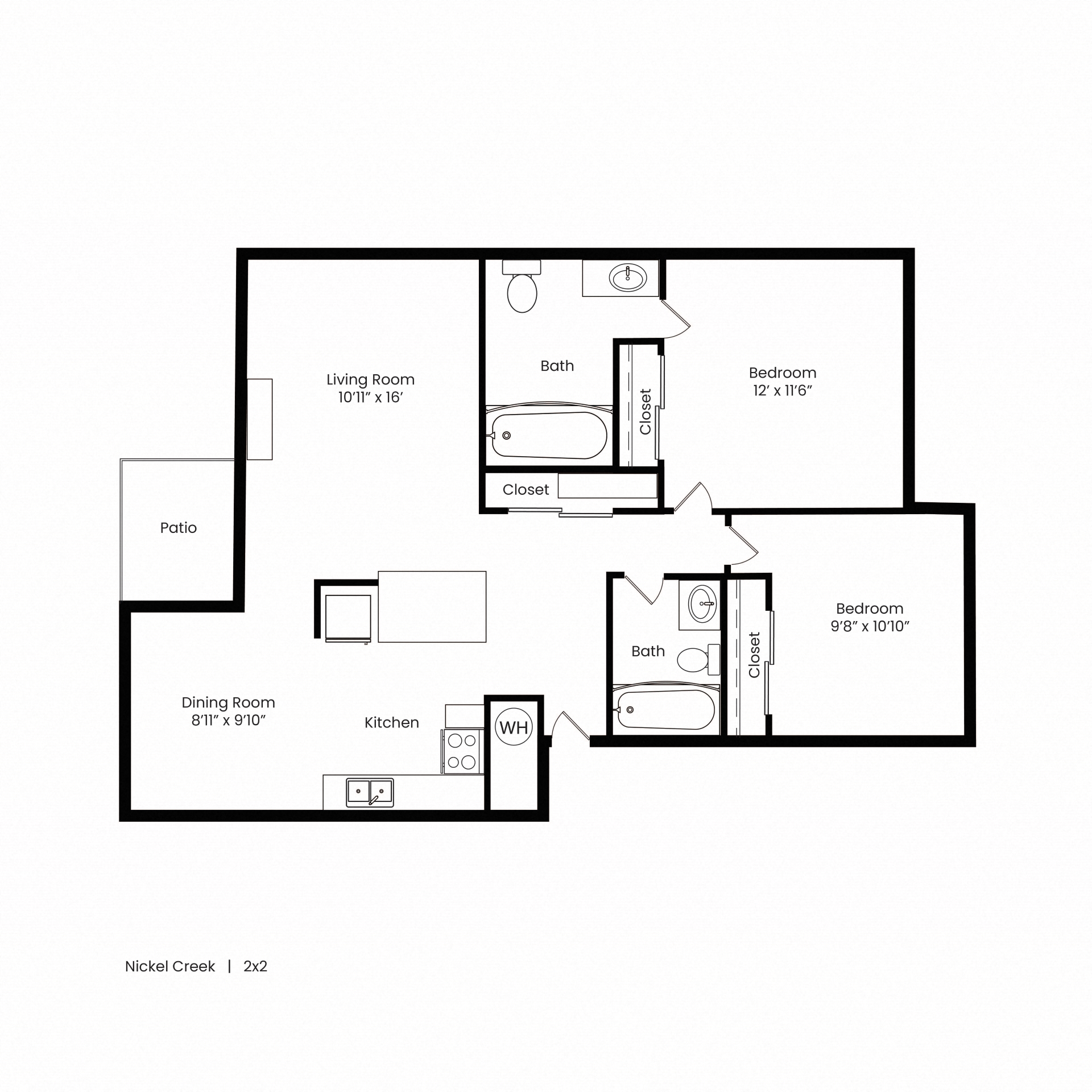 Floor plan for 2 beds, 2 baths, 930 sqft